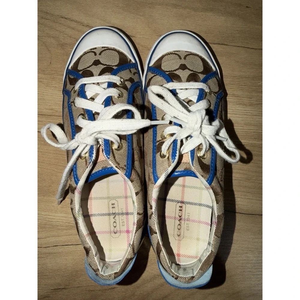 COACH Barrett Signature Canvas Sneakers Women's Size 7.5 Brown Khaki Blue L